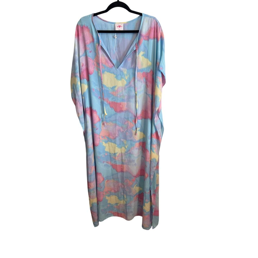 Buddy Love Cora Caftan Tie-Dye Maxi Dress Pastel Blue and Pink Caftan Dress NWOT